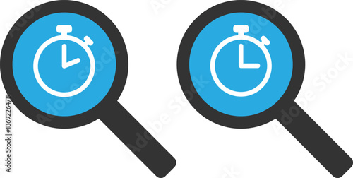 Blue magnifying glass with stopwatch icon