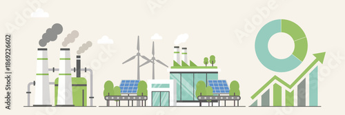 Industrial energy transition showing polluted factory and green factory with wind turbines solar panels and business growth chart for net zero concept
