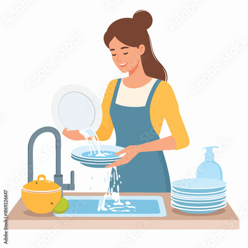 Woman washing dishes in a kitchen sink with soap and water flowing from the faucet.