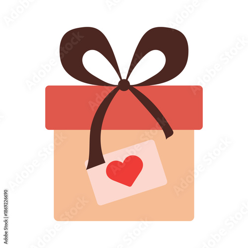 Valentine gift box with ribbon and heart tag. Cute romantic present package vector illustration