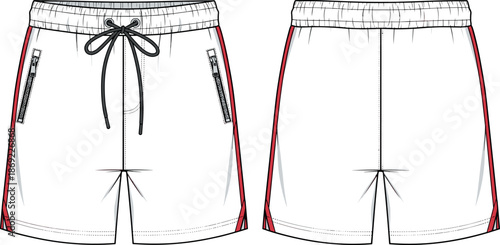 White Technical Flat Sketch of Men's Athletic Shorts with Elastic Waistband Drawstring Zipper Pockets and Red Side Stripe Design Template