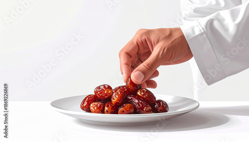 Hand placing dates on a plate in a serene environment before iftar