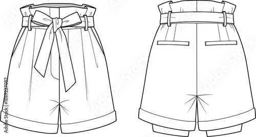 Women's Paperbag Waist Shorts Vector Illustration Technical Sketch with Tie Belt High Rise Fashion Flat for Apparel Design Template Mockup