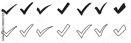 Check Mark Icons Collection. Set of  check mark symbols showing approval, success, validation, and confirmation concepts in modern flat and outline styles.
