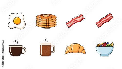 Breakfast icons featuring egg, pancakes, bacon, coffee, croissant and fruit bowl, perfect for any food-related design