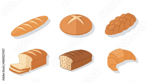 Variety of Freshly Baked Bread Loaves and Pastries Baguette, Round Loaf, Sliced Bread, Croissant