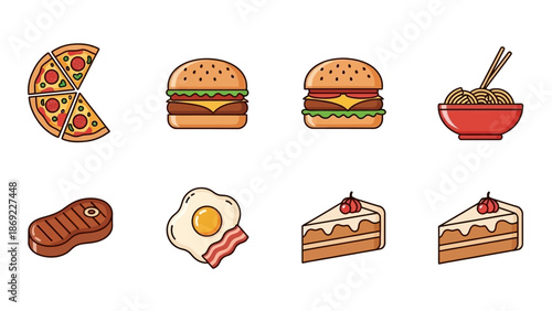 Assortment of Delicious Food Icons Pizza, Burgers, Steak, and More for Culinary Delight