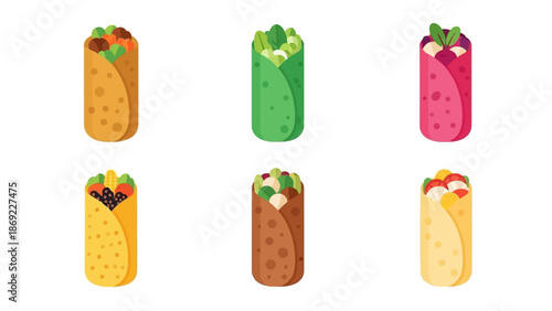Colorful and Delicious Burrito Variety A Vector Illustration of Freshly Made Wraps in Various Styles