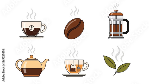 Delicious Assortment of Coffee and Tea Icons Coffee Beans, Teapot, and Cups