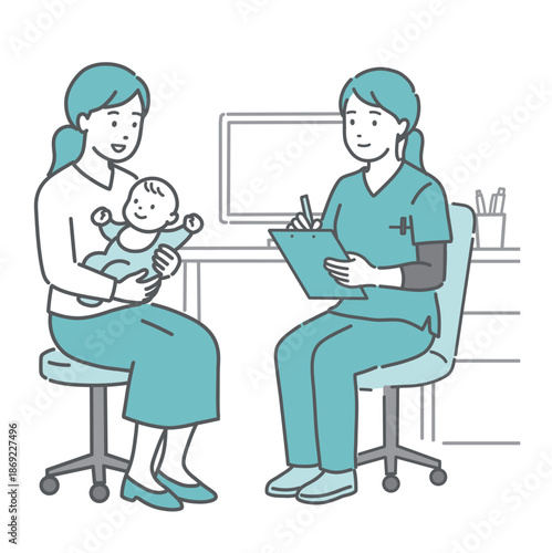 問診をする女性医師と親子（赤ちゃん・スクラブ・医療従事者）