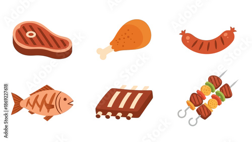 Delicious BBQ Food Collection Steak, Chicken Leg, Sausage, Fish, Ribs, and Skewers