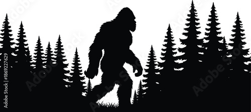 Bigfoot silhouette walking through pine forest wilderness mythical creature sasquatch legend black minimal vector illustration isolated nature scene design