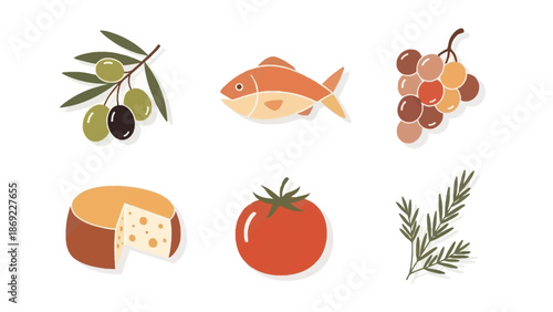 Delicious and Nutritious Food Icons Olives, Fish, Grapes, Cheese, Tomato, Rosemary. A Delightful Collection