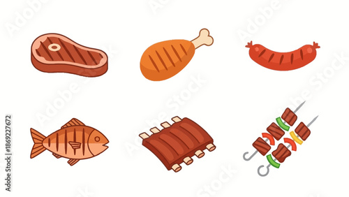 Delicious Grilled Food Collection Steak, Chicken, Sausage, Fish, Ribs, and Skewers. Perfect for BBQ