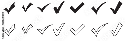 Check Mark Icons Collection. Set of  check mark symbols showing approval, success, validation, and confirmation concepts in modern flat and outline styles.
