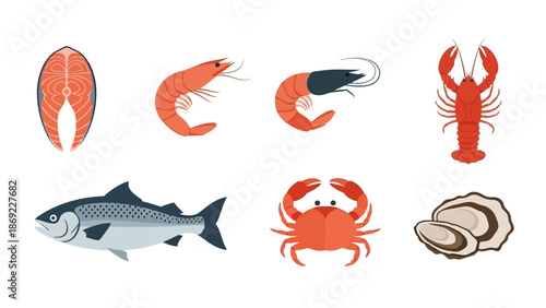 Assortment of Fresh Seafood Salmon, Shrimp, Crab, Lobster, Oysters and Fish, Illustration