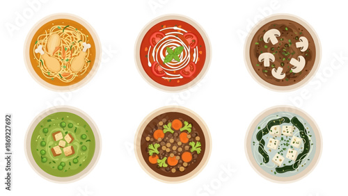 Variety of Delicious Soups in Bowls Tomato, Mushroom, Vegetable, Creamy, and More, Top View