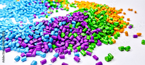 Colorful masterbatch granule, mix color polypropylene polymer granules, cold cutting type granule texture, isolated on white background, for industrial plastic company profile product catalog design