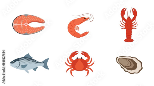 Assortment of Fresh Seafood Salmon, Shrimp, Lobster, Fish, Crab, and Oyster Illustrations