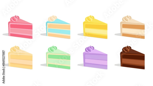 Variety of Cake Slices in Different Colors with Decorative Frosting and Layers for Delicious Desserts