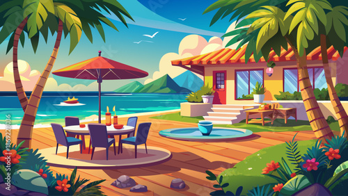 Romantic beachfront villa backyard with outdoor dining near ocean