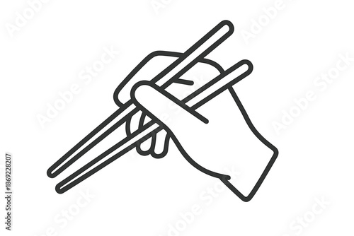 Minimalist black graphic showing a human hand holding traditional Asian chopsticks for dining