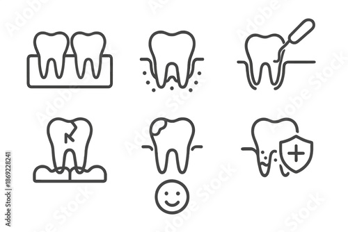 Outline symbols for dental health, tooth decay, gum disease, and professional cleaning services