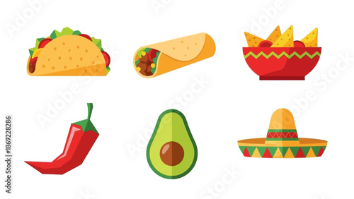 Delicious Mexican Cuisine Taco, Burrito, Nachos, Chili Pepper, Avocado, and Sombrero Illustrations