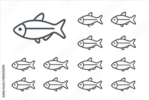 Collection of minimalist line art icons depicting small freshwater fish swimming together