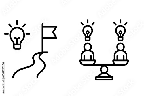 Business strategy and goal achievement concepts featuring idea generation, path to success, and balanced teamwork