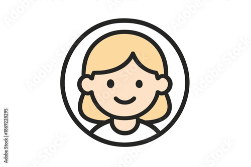Minimalist profile portrait of a smiling woman with blonde hair inside a circular frame