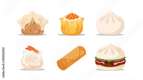 Delicious Assortment of Asian Cuisine Dumplings, Dim Sum, and Spring Rolls on White Background