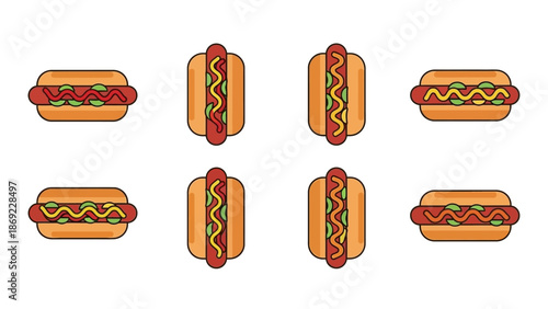Various Views of Delicious Hot Dogs Vector Illustrations for Food and Culinary Designs