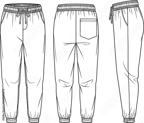 Men jogger pants trousers, elastic waist drawstring, front back side view, fashion technical sketch, casual apparel cad drawing vector illustration