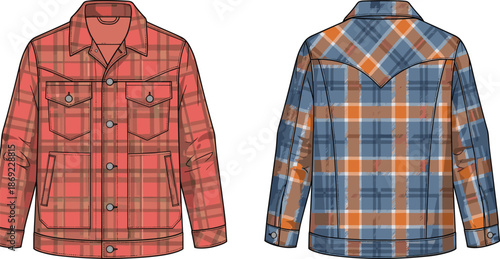 Men plaid jacket, checkered flannel outerwear, front back view, fashion technical sketch, casual winter clothing, apparel cad drawing illustration