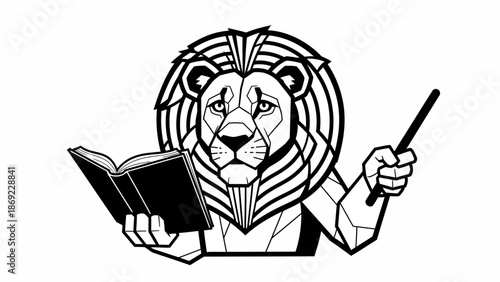Geometric lion reading a book and pointing with a stick illustration logo concept