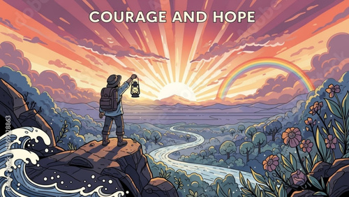 Person with lantern on cliff overlooking valley at sunrise symbolizing courage and hope with rainbow illustration