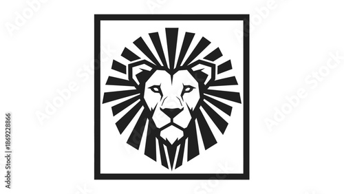Minimalist lion head vector logo illustration in a square frame with rays emanating from it