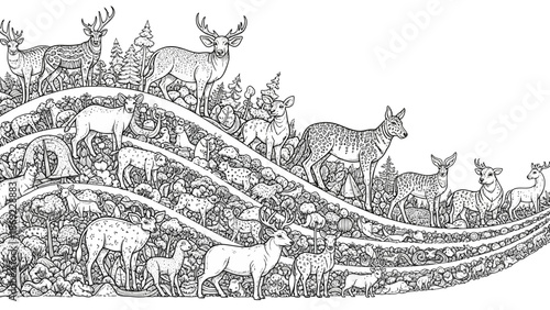Detailed line art illustration showcasing a diverse herd of deer in a forest setting