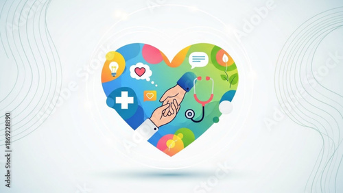 Heart shape with healthcare and medical icons representing care and well-being ideal for health insurance or medical services