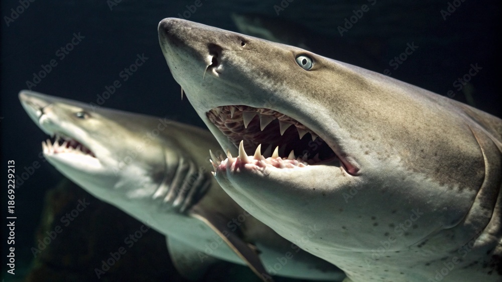 Fototapeta premium Close Up Shot of Shark Teeth Revealing Powerful Predatory Nature in Marine Wildlife Detail