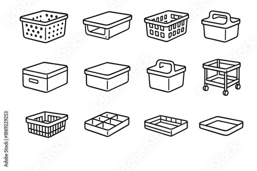 Bin vector shelf perforated plastic storage drawer handle container basket icon