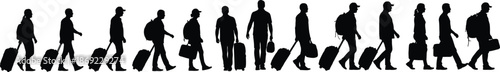 Silhouette of people walking in a line with luggage silhouette