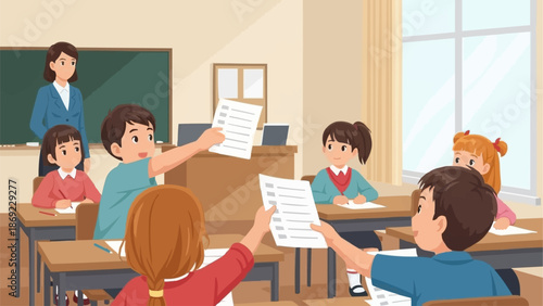 Children in classroom raising hands with papers during lesson.