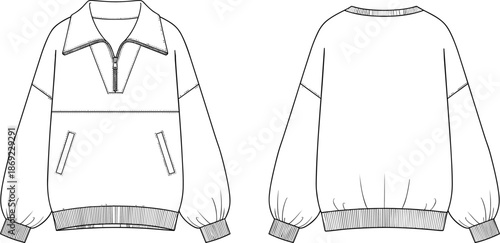 Pullover sweatshirt technical flat sketch, front and back view, fashion CAD vector illustration for apparel clothing design template production reference