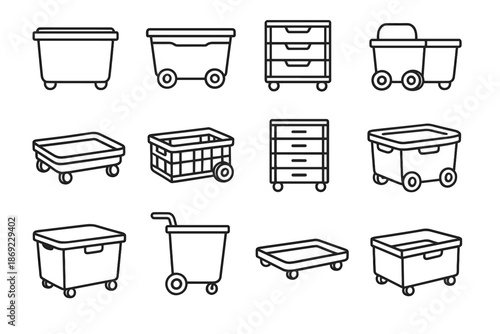 Tray roller mobile storage bin vector icon clear rolling rotating unit gliding