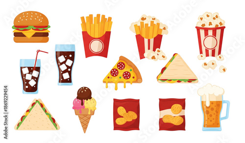 Football fan fast food and snack vector set isolated on transparent background