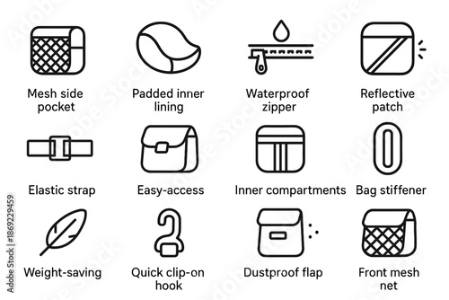 Zipper net features icon inner vector quick bag compartments bike lining strap