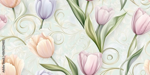Elegant Floral Pattern with Pastel Tulips and Swirling Leaves on Light Background