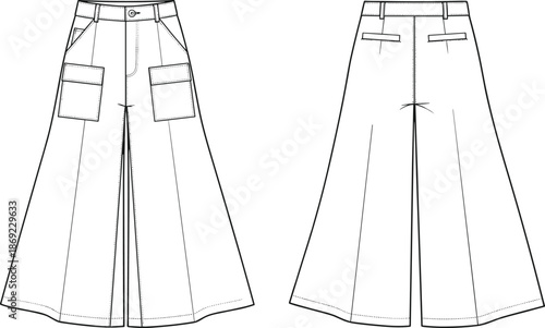 Wide leg cargo pants technical illustration, front back view, women trousers design, pocket detail apparel outline, flat vector cad drawing fashion